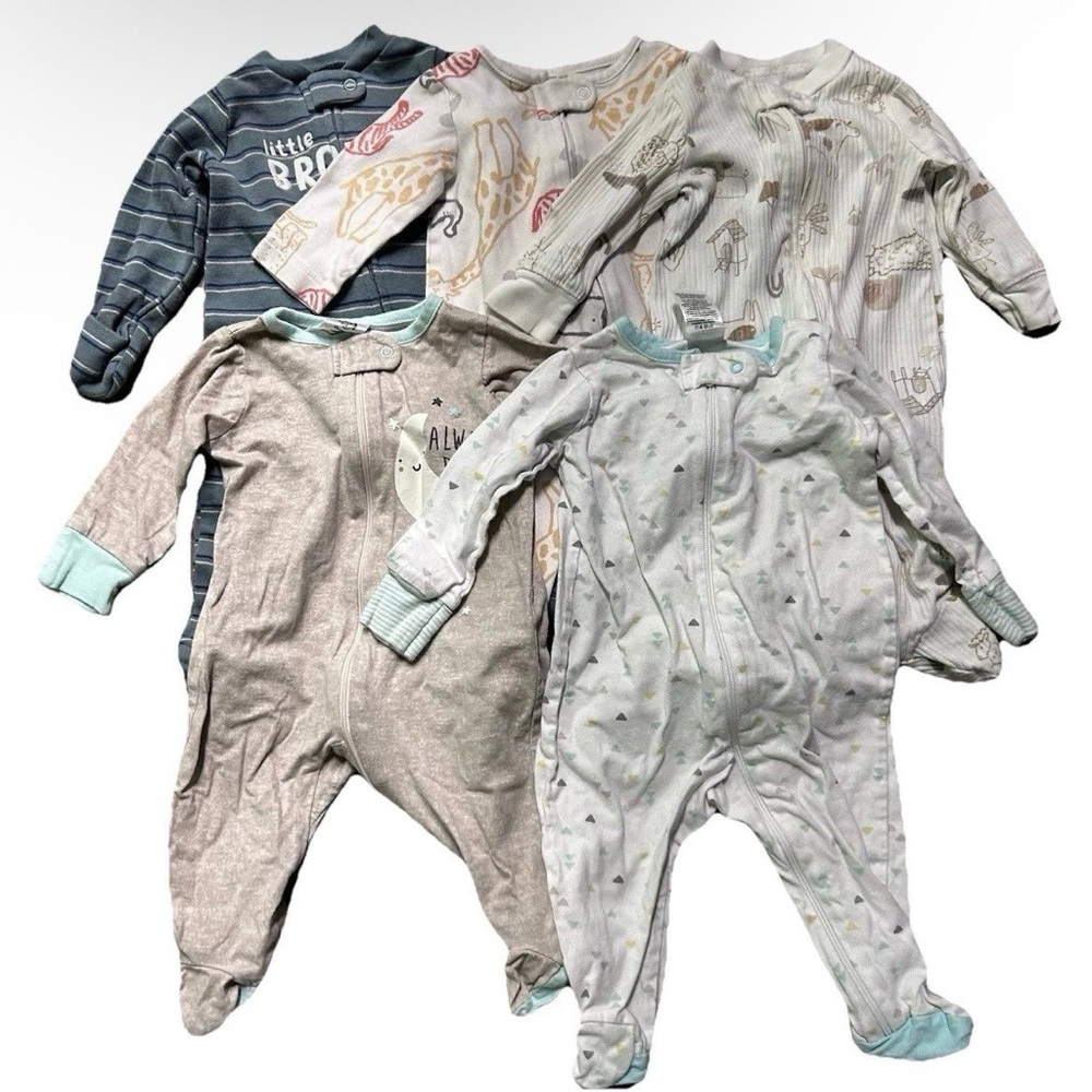 Baby Boy Footie Pajamas 2 Way Zipper Animals Little Brother Size 0-3 Months